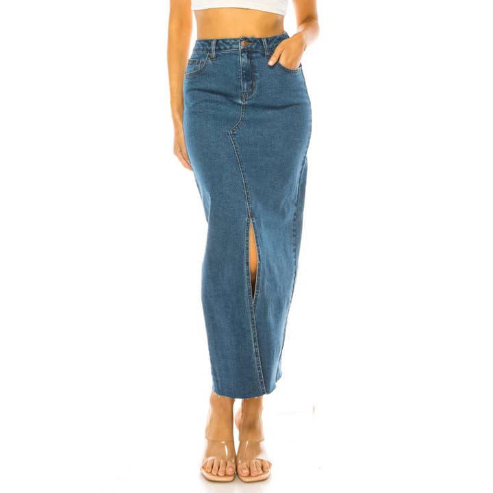 MEDIUM WASH FRONT SLIT MAXI DENIM SKIRTS for wholesale by great smoky