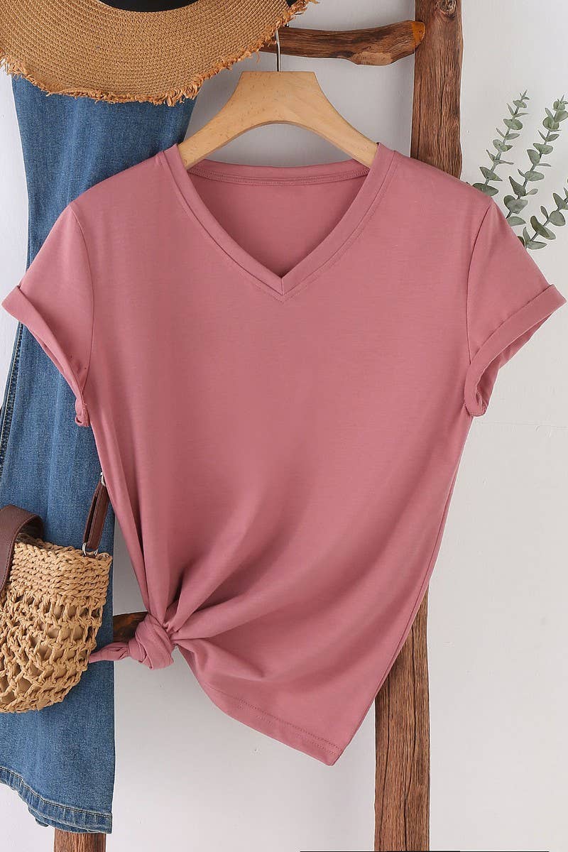 NINEXIS - Wholesale T-Shirt - Women's - CWTTS1544_V-NECK FASHION SIMPLE SOLID COLOR SHORT SLEEVES4