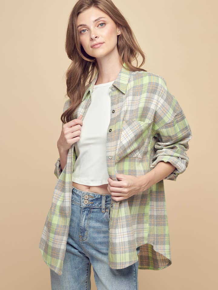 MULTI PLAID SHIRT BUTTON DOWN COLLARED POCKET - P00053 for wholesale by Petal Dew