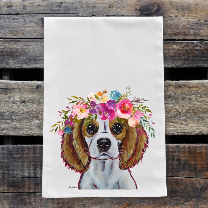 Bright Blooms King Charles Spaniel Tea Towel, Cute Dog Towel for wholesale by Hippie Hound Studios
