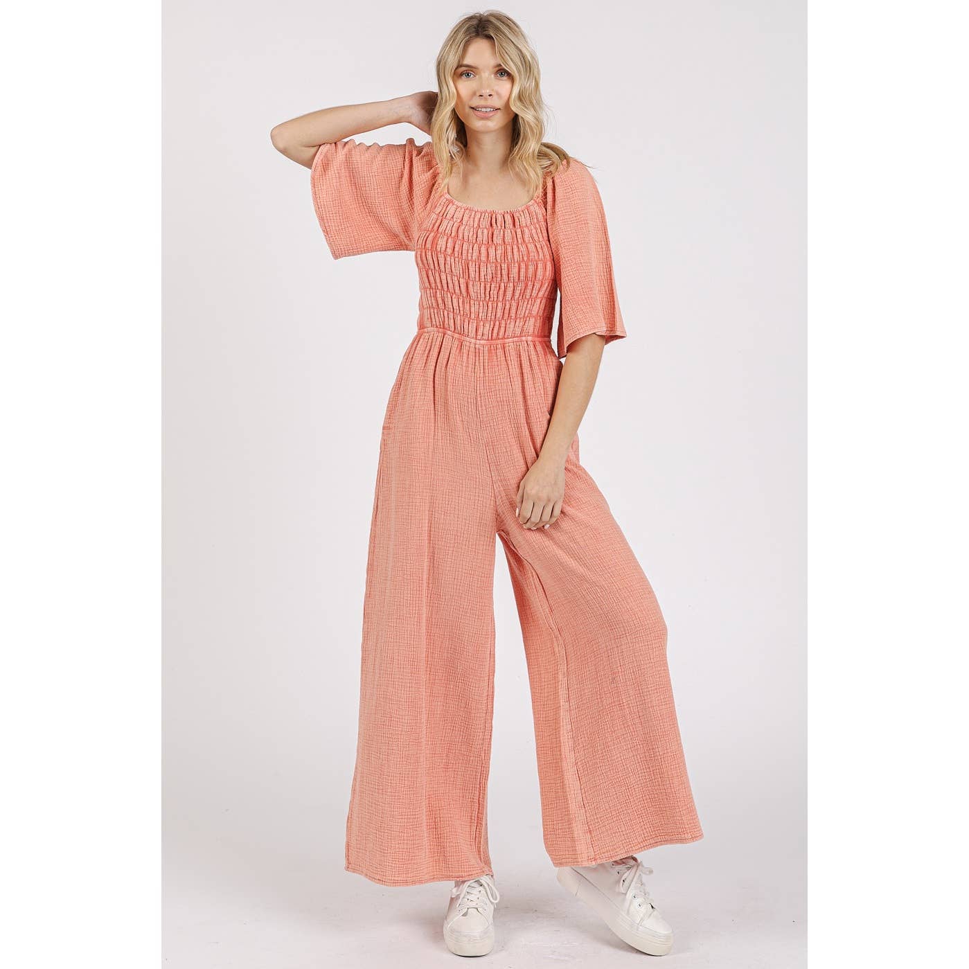 mittoshop - Wholesale Jumpsuit - Women's - MINERAL WASH GAUZE RUCHED WIDE LEG JUMPSUIT2
