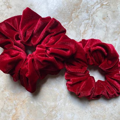 Candy Apple Red Velvet Scrunchies for wholesale by Stiched by Lexi