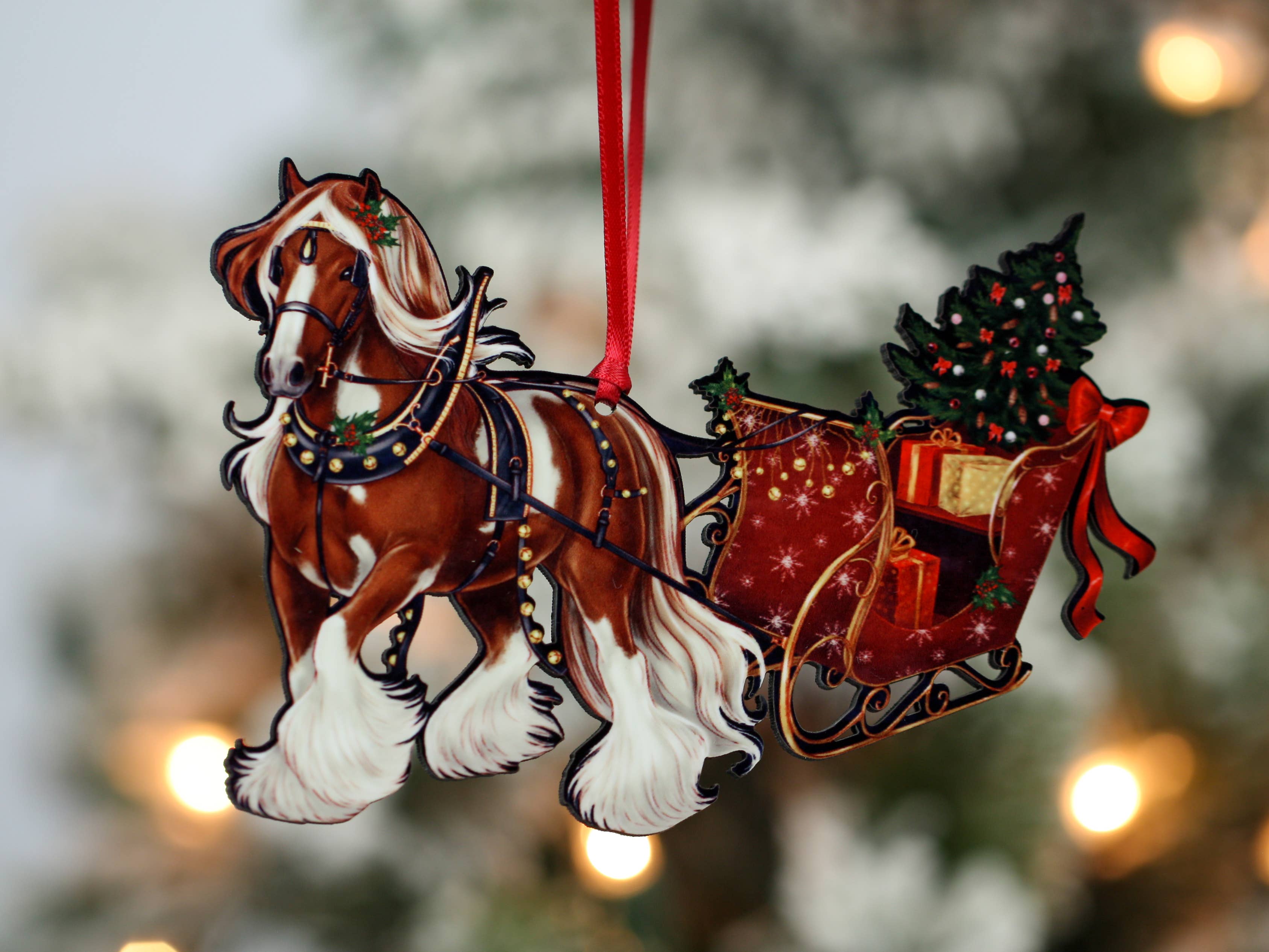 Classy Equine - Wholesale Ornament - Chestnut Tobiano Gypsy Cob Horse Sleigh Christmas Ornament3