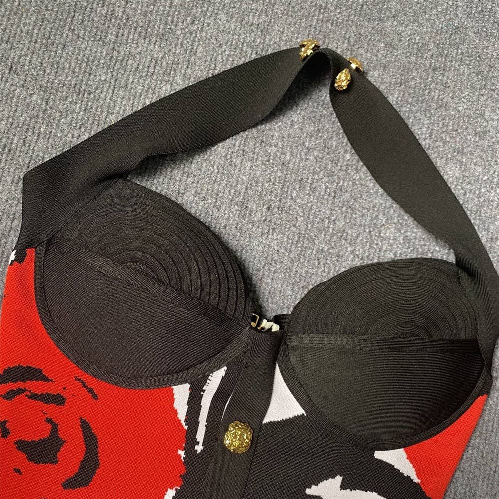 Rød DR0239 Chic Rose Jacquard halterkjole med guldknapper for engroshandel på Faire5