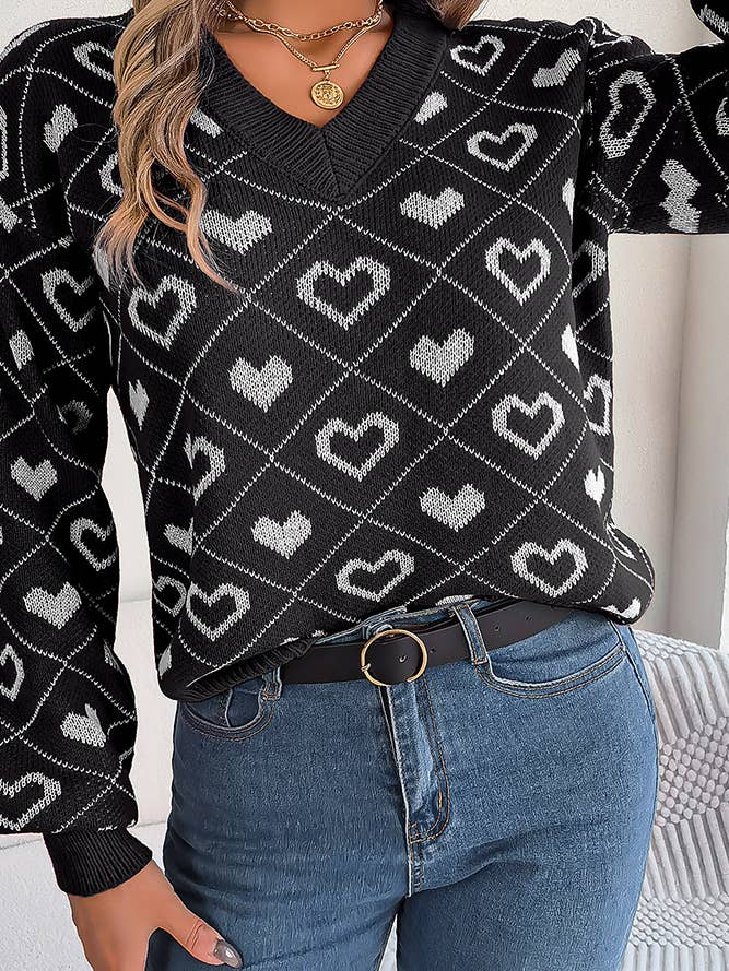 UNISHE - Wholesale Knit Sweater - Women's - V Neck Heart Knit Pullover Sweater BJS10210