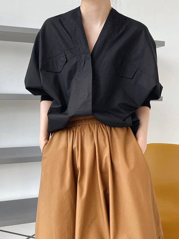 UZ Wholesale Store - Wholesale Button Down Shirt - Women's - Trendy Batwing Sleeves Solid Color V-Neck Blouses19