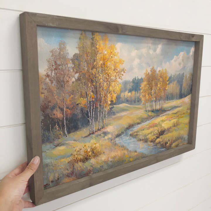 Hangout Home - Wholesale Art Print - Soft Fall Trees and Stream - Mountain Landscape - Wood Frame1