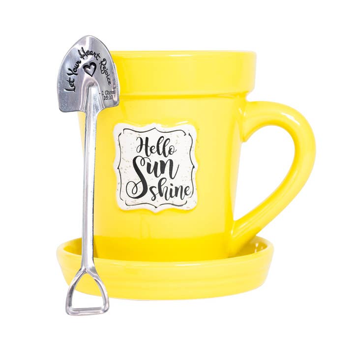 Yellow Flower Pot Mug w/Scripture - Hello Sunshine for wholesale by Divinity Boutique