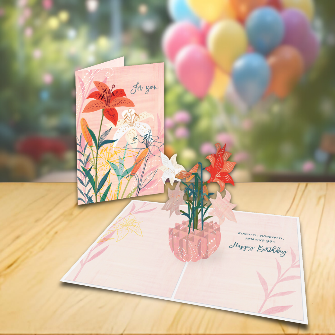 Designer Pop! - Wholesale Birthday Card - Stargazer Lilies 3D Birthday Card Pop-Up Lily Bouquet Design0