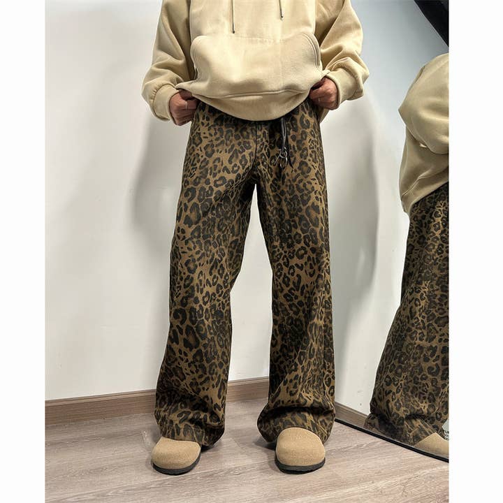 Leopard print jeans men's hiphop straight bootcut pants for wholesale on Faire