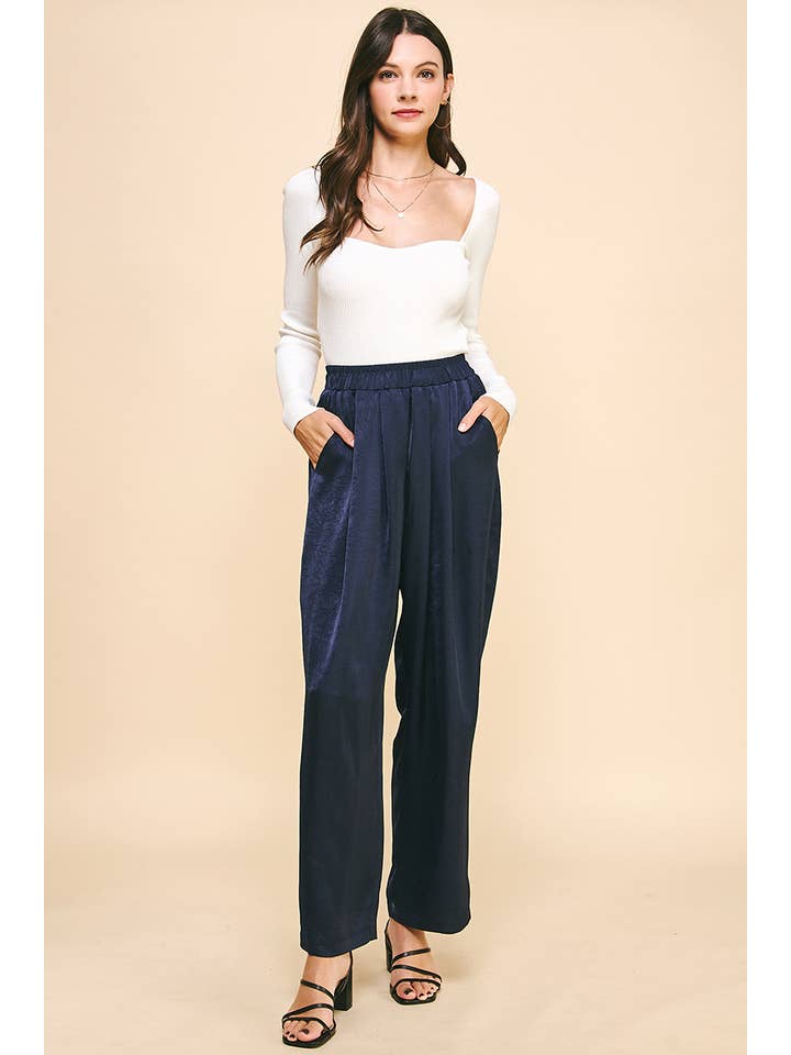 PINCH - Wholesale Pants - Women's - HIGH WAIST SATIN PANTS - NAVY