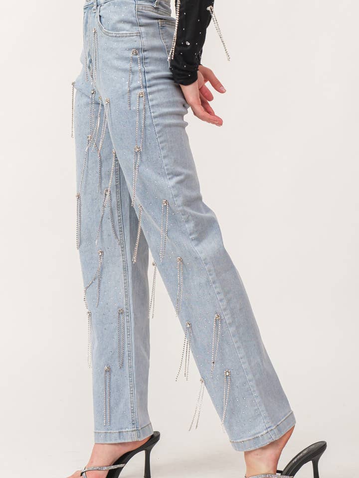 IP2881 High Waisted Rhinestone Fringe Stretch Denim Pants for wholesale by KIWI