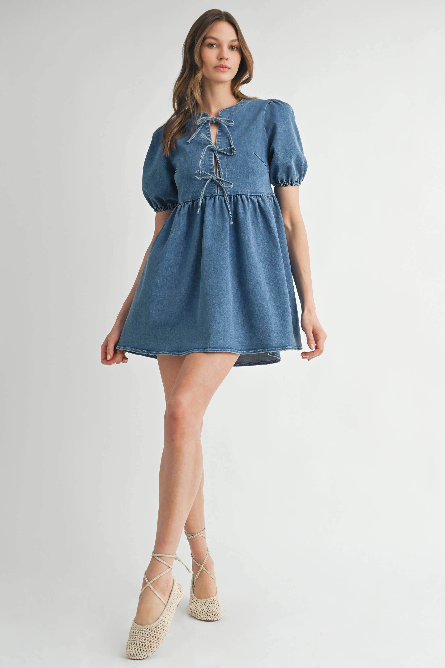 STONE WASH BLUE AD1727 Bow Detail Denim Mini Dress for wholesale on Faire6