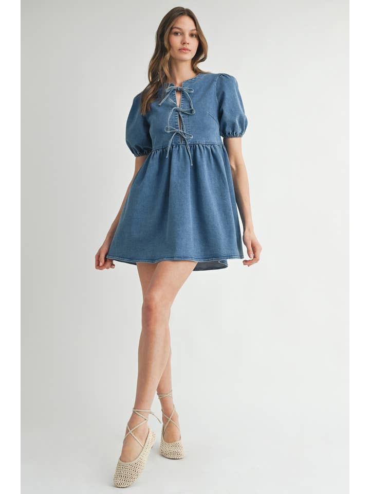STONE WASH BLUE AD1727 Bow Detail Denim Mini Dress for wholesale on Faire6