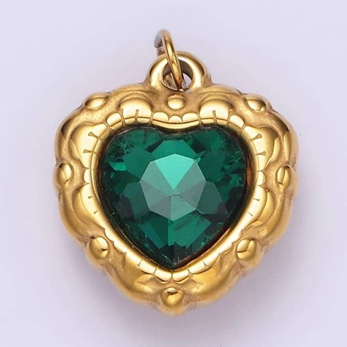 Stainless Steel Green CZ Heart Artisan Bezel Charm | P-654 for wholesale by Aim Eternal