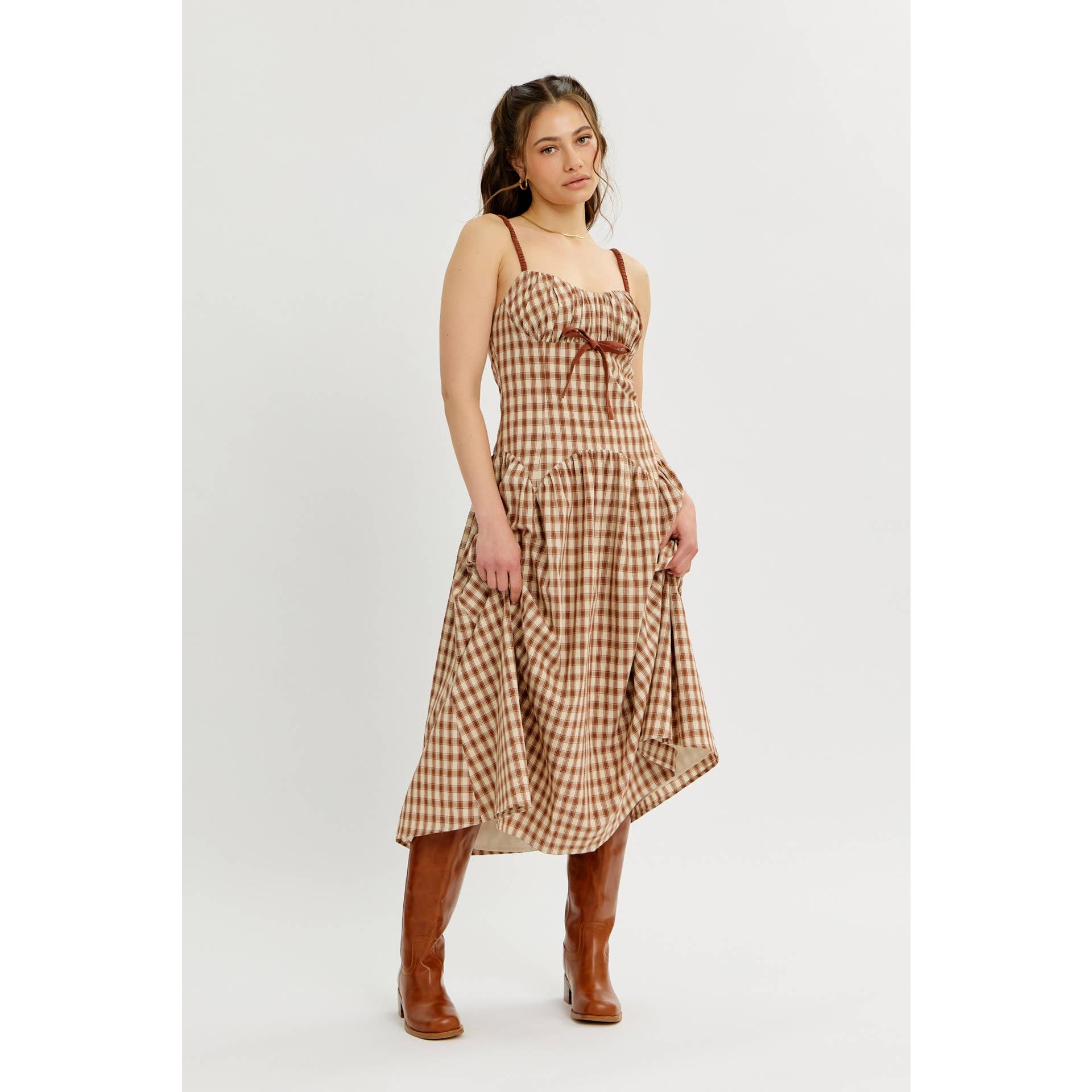 idem ditto - Wholesale Dress - Women's - PLAID MIDI DRESS WITH RUCHED BUST AND OPEN BACK20