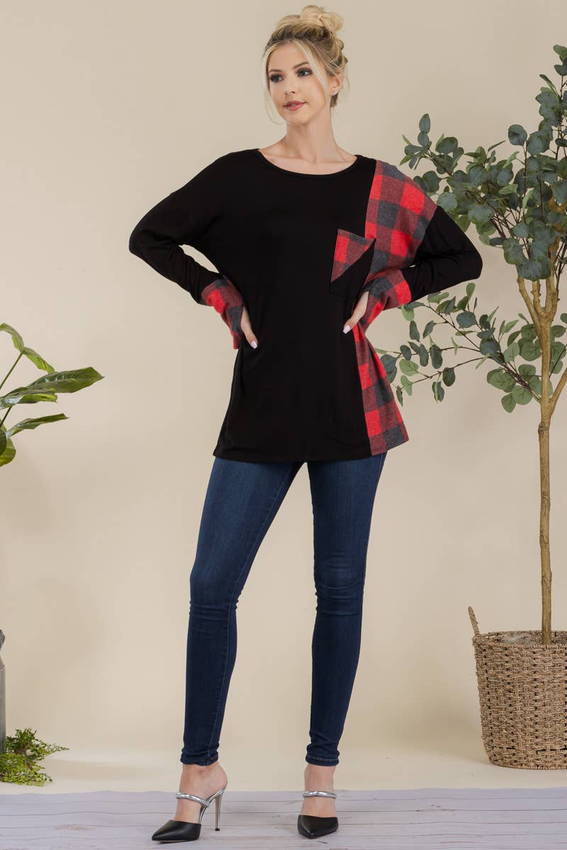 Celeste Clothing - Vendita all'ingrosso Tunica - Donna - TOP A MANICHE LUNGHE IN TARTAN PER MISSY E PLUS SIZE -CT43810B11