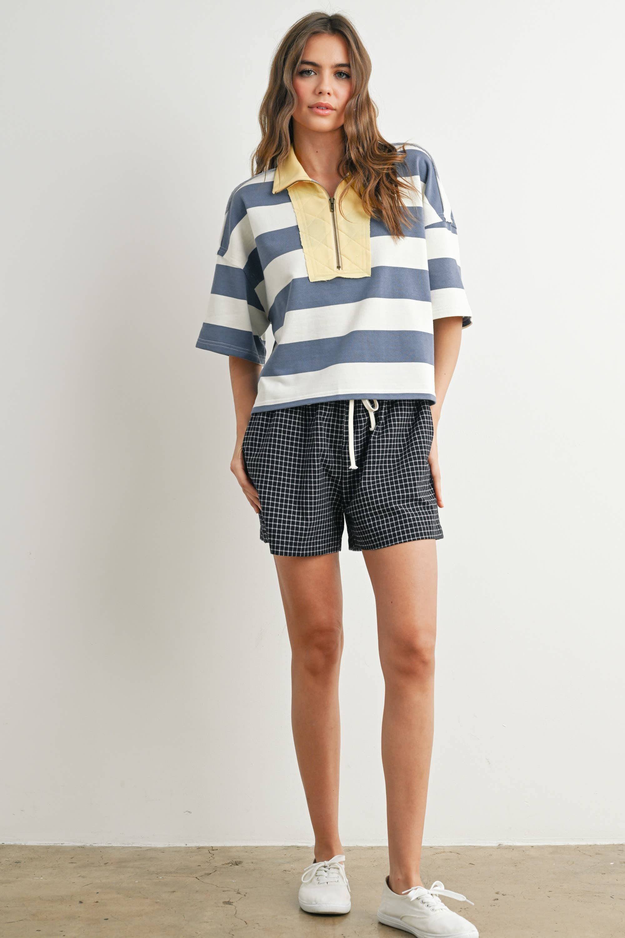 BLUE MULTI Oversized Striped Zip-Up Polo Shirt - BMT7711 for wholesale on Faire8