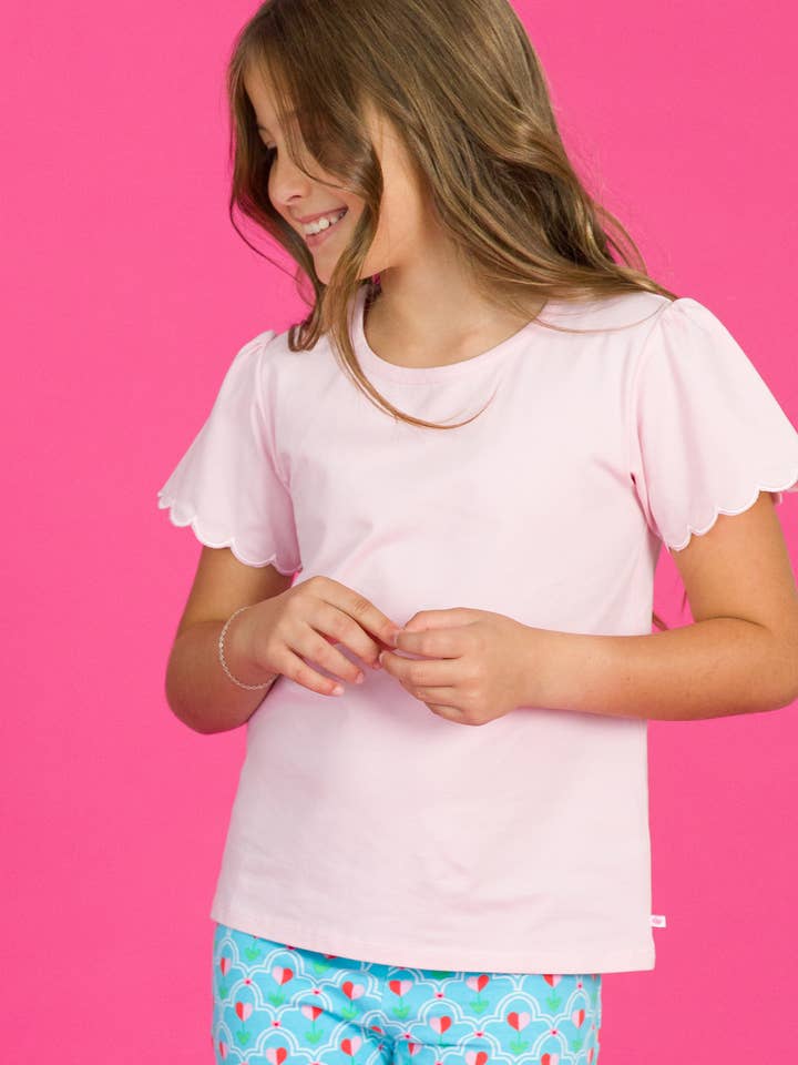 Girls Pink Knit Short Sleeve Scallop Tee for wholesale by RuffleButts + RuggedButts