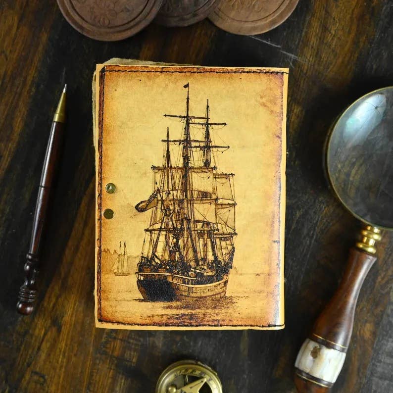 MNM HANDICRAFTS - Vendita all'ingrosso Diari/agende - Taccuino Journal con barca a vela, copertina in pelle e carta fatta a mano1