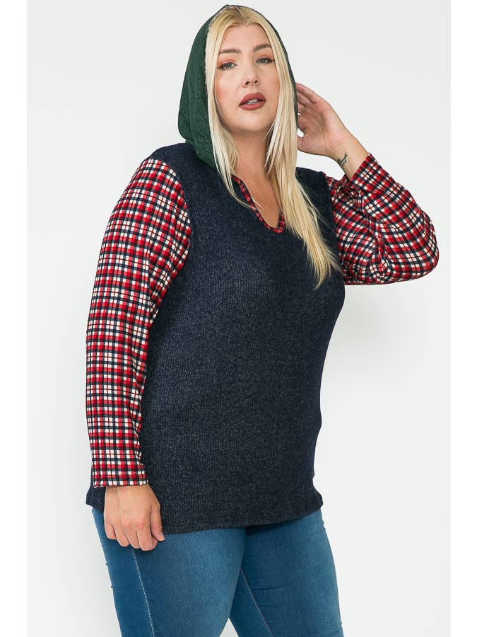Story Teller - Wholesale Hoodie - Women's - Plus Size V-Neck Color Block & Plaid Pattern Hoodie Top