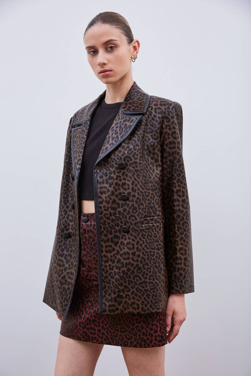 Brown Leopard faux leather blazer jacket with black trim for wholesale on Faire1