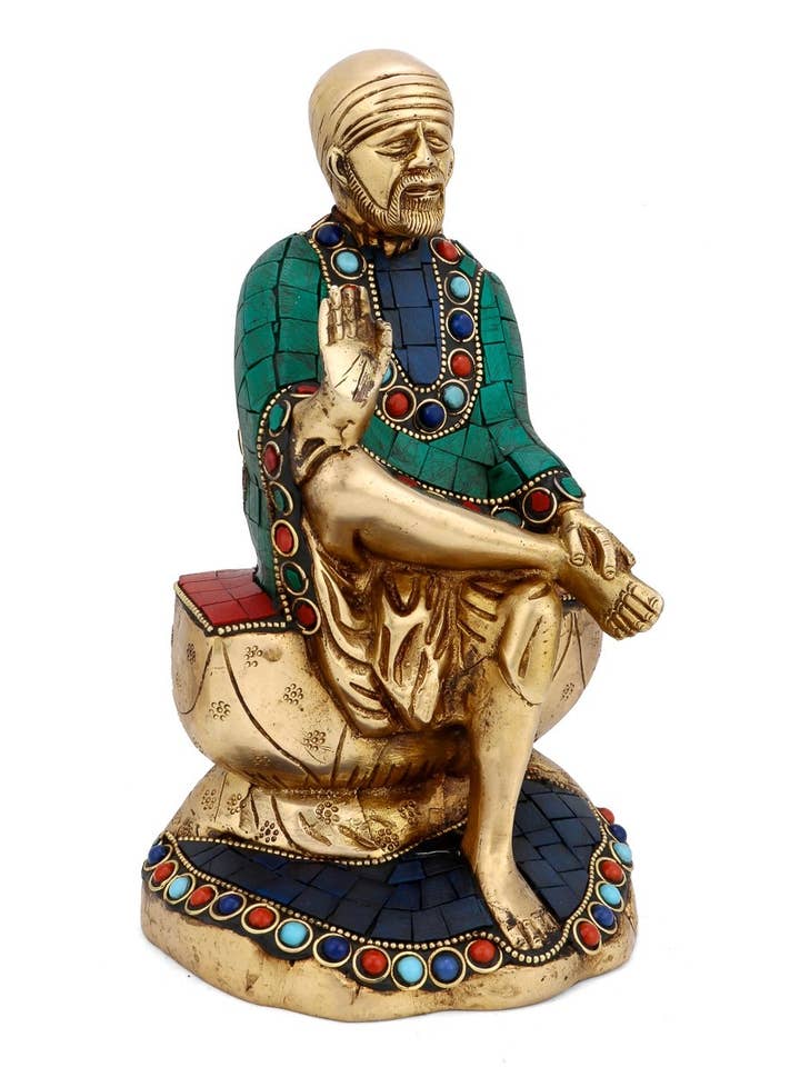 Shirdi Sai Baba de 10 pulgadas con incrustaciones en latón | Estatua hecha a mano para venta al por mayor de Exotic India Art
