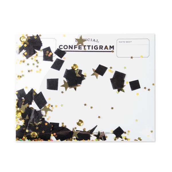 Inklings Paperie - Wholesale Graduation Card - Confettigram Card - Gold Stars + Black Confetti - Grad1
