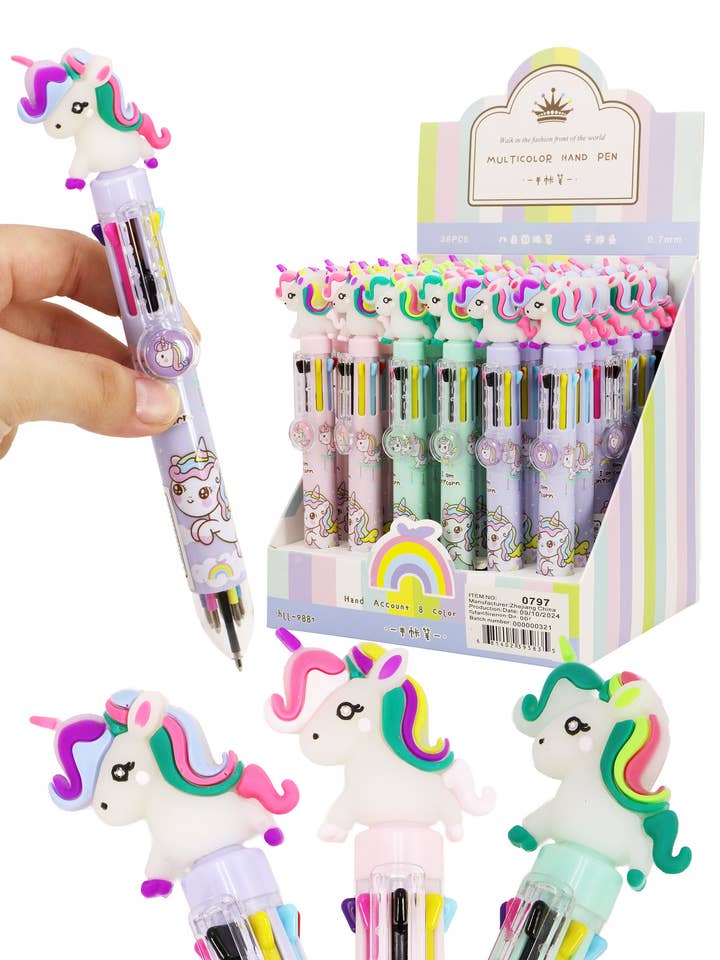 Bolígrafo translúcido multicolor 8 en 1 de unicornio y poni - 36 unidades para venta al por mayor de Cap Zone