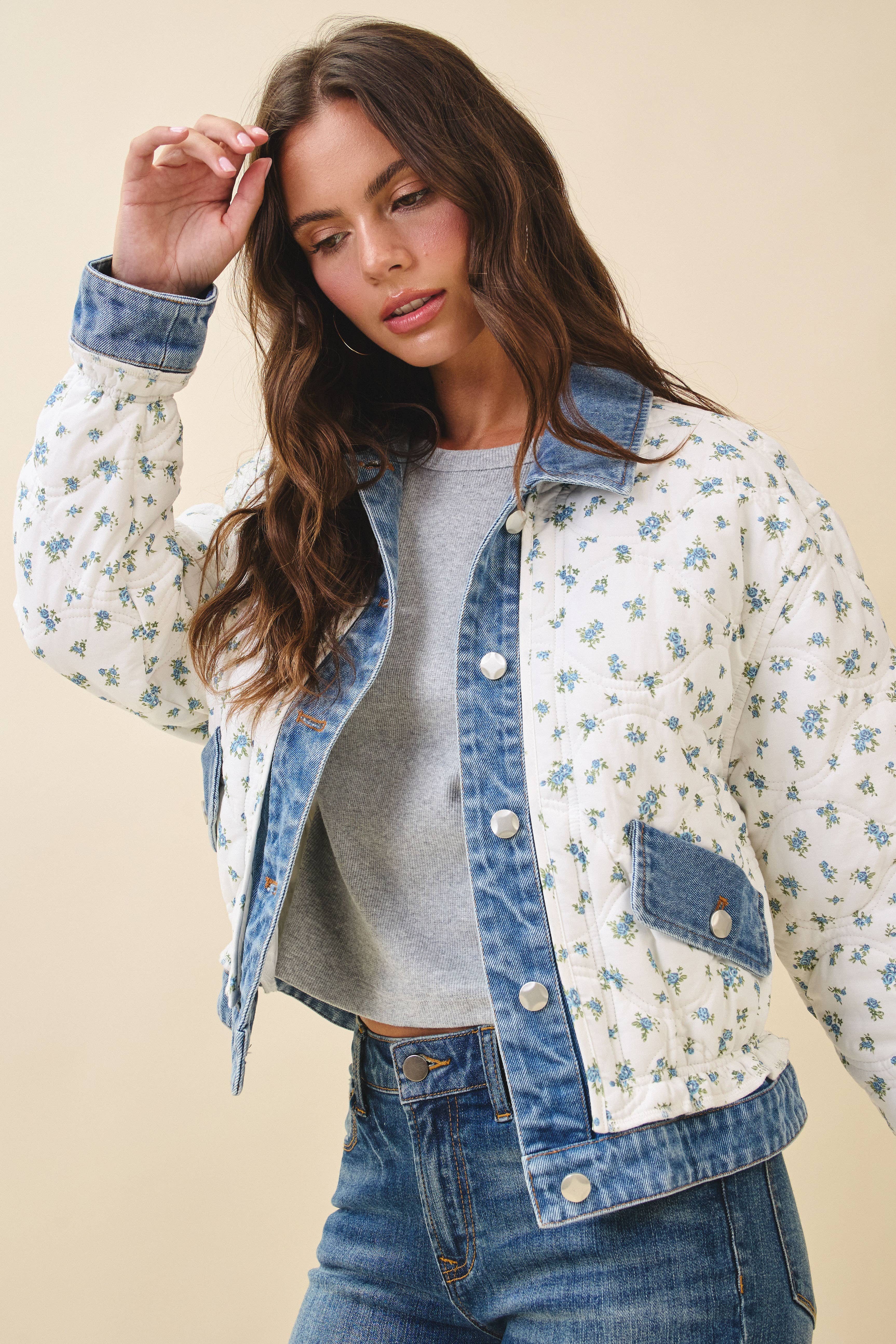 5166GK Floral Quilted Denim Trim Jacket for wholesale on Faire10