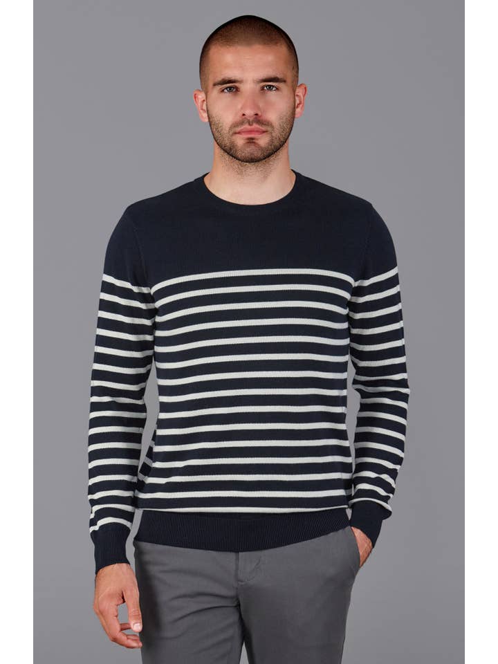 Paul James Knitwear - Wholesale Gebreide trui - Heren - Lichtgewicht katoenen gestreepte Bretonse trui voor heren1