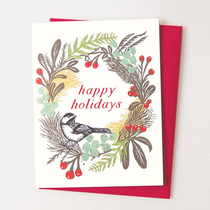 Hawk and Rose Press - Wholesale Season's Greetings Card - 'Holiday Wreath' Vintage Style Linocut Holiday Card1