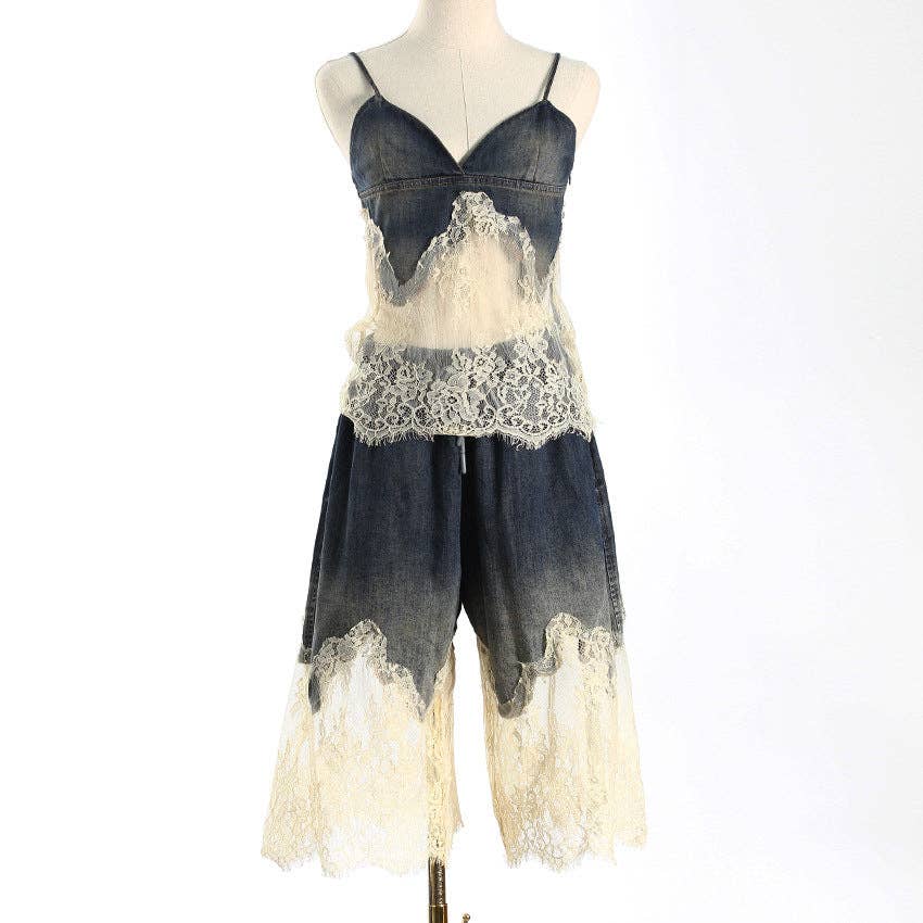 Sanyao Fashion - Wholesale Top & Short Set (NOT Loungewear) - Women's - M37 Lace-Stitched Denim Two-Piece with Suspender Shorts10