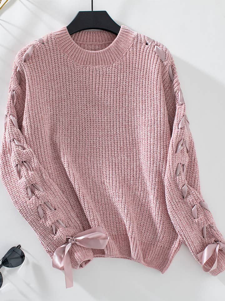 Rosa Clothing - Wholesale Knit Sweater - Women's - Loose-Fitting Casual Lace-Up Long-Sleeved Knit Sweater