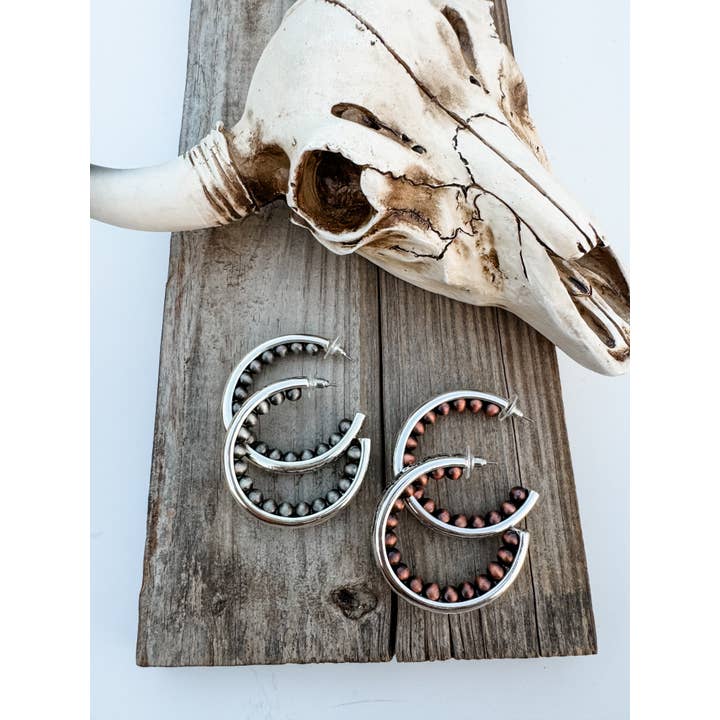 Boho Ranch Shop - Wholesale Hoop Earrings - Western Navajo Style Pearl with Aztec Pattern Hoop Earrings