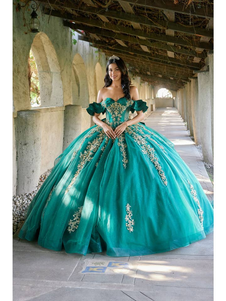 REGAL BALL GOWN WITH GOLD LACE ACCENTS for wholesale by Juliet