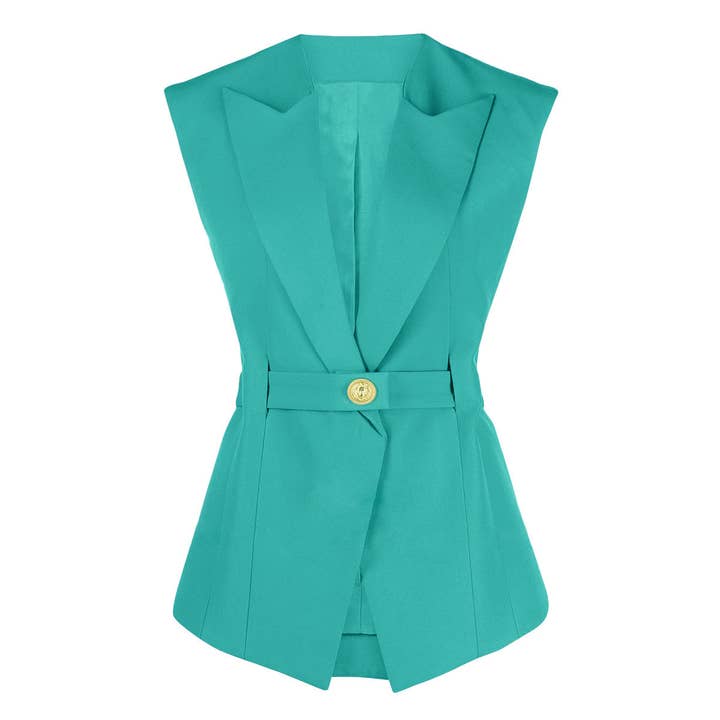 Haut de costume ajusté sans manches avec ceinture M90 vert sarcelle pour la vente par Sanyao Fashion
