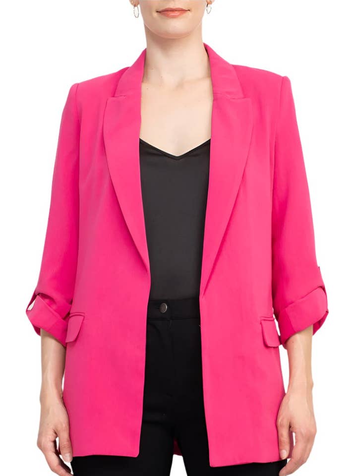 T Tahari Lapel Collar 3/4 Roll Sleeve Open Front Woven Jacket for wholesale by Immediate Apparel