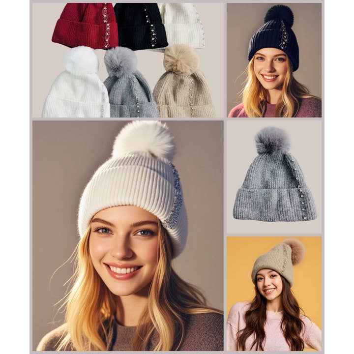 JC Sunny Fashion - Vente Bonnet – femme - Bonnet en tricot orné avec pompon9