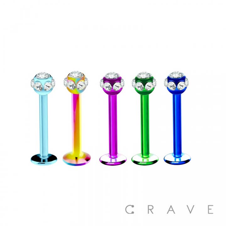 COLOR TITANIUM IP OVER 316L SS LABRET WITH MULTI GEM BALL for wholesale by CRAVE BODY JEWELRY