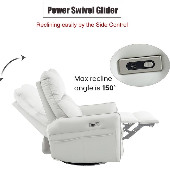 HOMYCASA DESIGN INC - Wholesale Chair - 270° Power Swivel Rocker Recliner, PU Leather Glider, Gray2