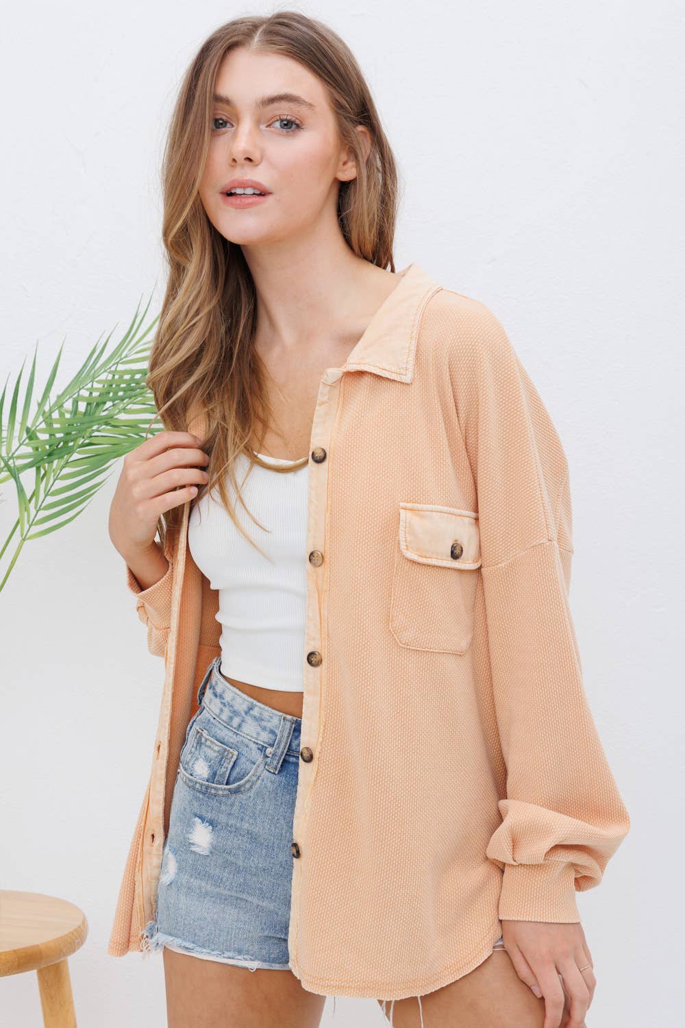 Blue B - Wholesale Shirt Jacket/Shacket - Women's - 31626J - Textured Knit Contrast Washed Frayed Button Jacket6