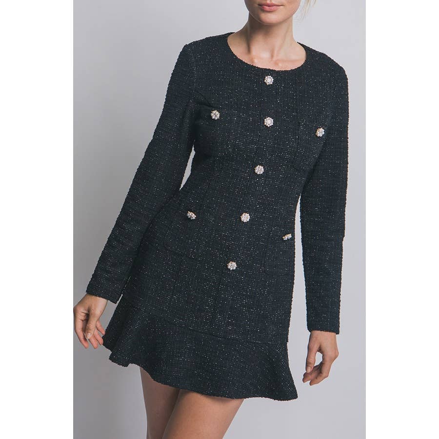 Paperdoll - Wholesale Dress - Women's - Long Sleeve Tweed Single Breasted Dress0