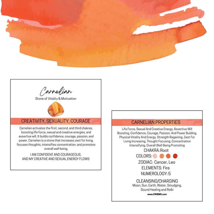 CARNELIAN Gemstone Information Card for wholesale by Essential Wellness - Body, Mind, Spirit