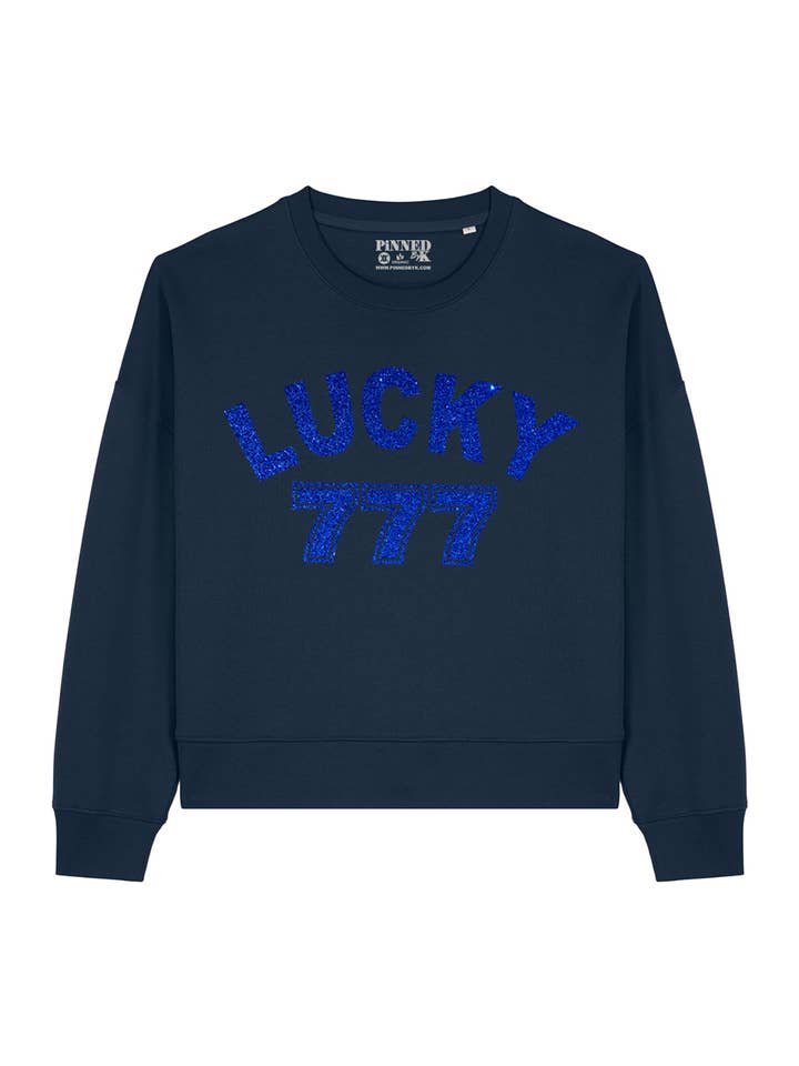 Camisola Boxy Lucky 777 Glitter Azul por atacado de PINNED by K