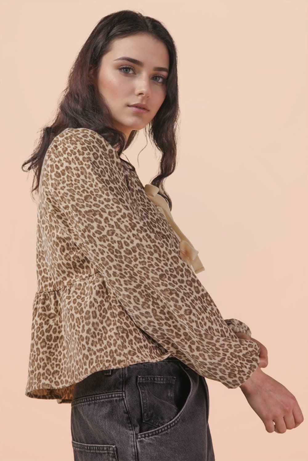 VERY J - Wholesale Blouse - Women's - NT12244-Leopard Printed Front Tie Woven Blouse Top2