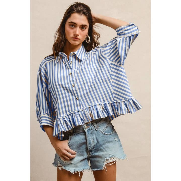 IVE - Wholesale Knit Top - Women's - STRIPE WOVEN RUFFLED HEM BUTTON UP SHIRT