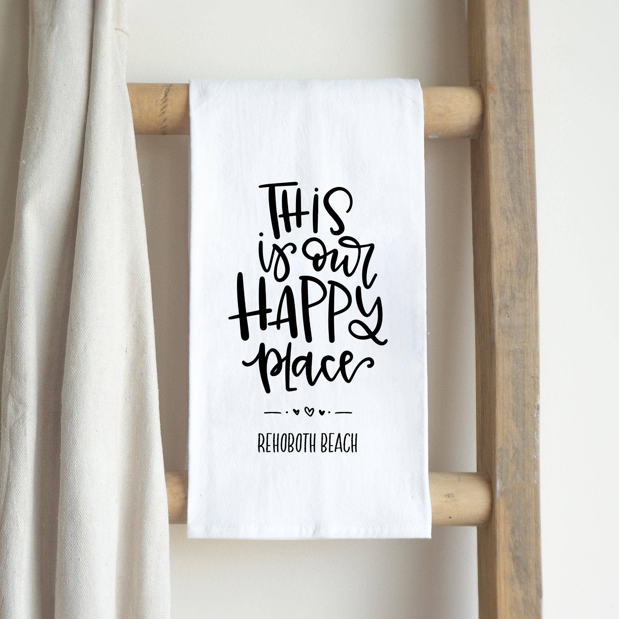 White Cotton Tea Towel White-This Is My Happy Place Rehoboth Beach for wholesale on Faire2