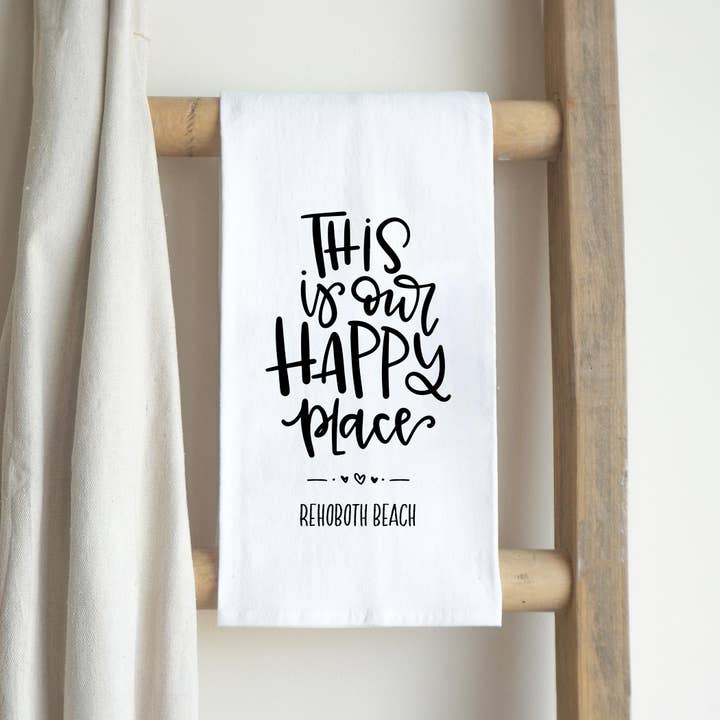 White Cotton Tea Towel White-This Is My Happy Place Rehoboth Beach for wholesale on Faire2