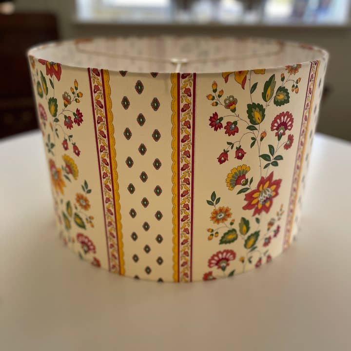 Olive and Limpet - Wholesale Lamp Shade - 16 Inch Drum Lampshade. French Cotton Fabric. Orange and Red Faience Floral Border.